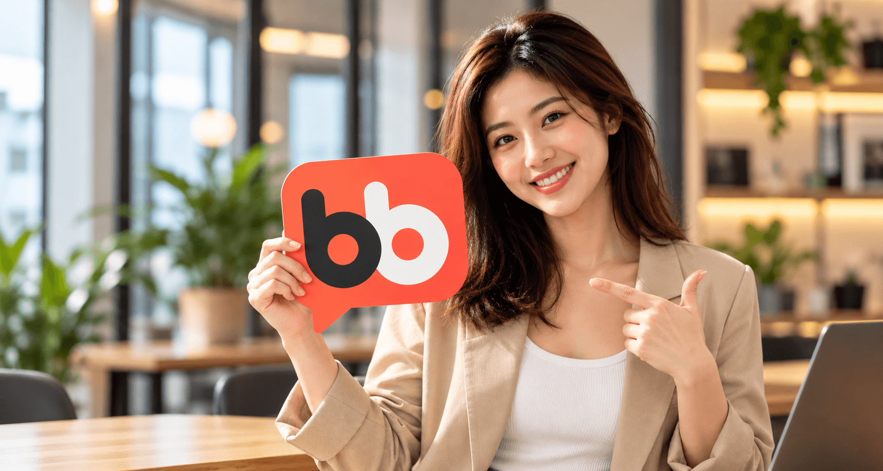 Woman holding a coral BetulBetul logo sign in an office